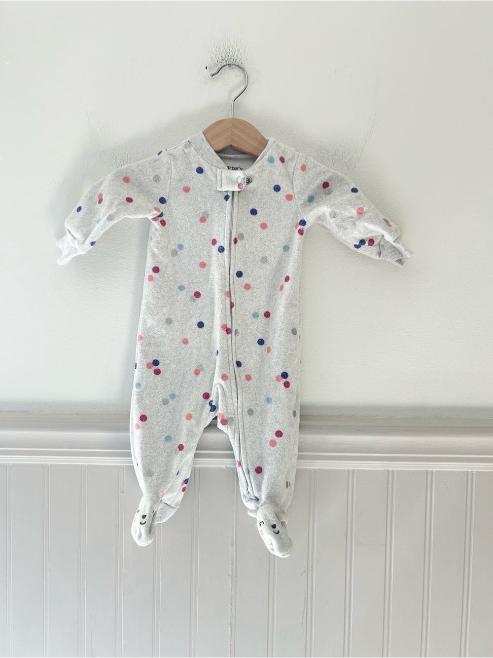 Carter's 3 Months Gray Footed One-Piece with Pink, Blue, Purple and Teal Dots